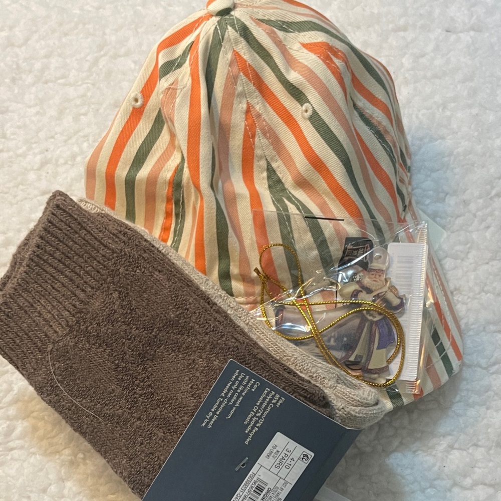 Striped Orange and Green Women's Cap NWT socks set and ornament